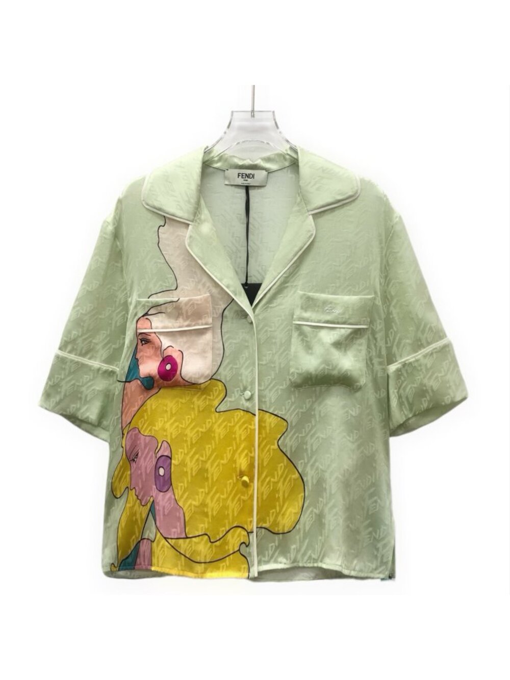 Fendi Light Green All-Over Logo Silk Short-Sleeve Shirt